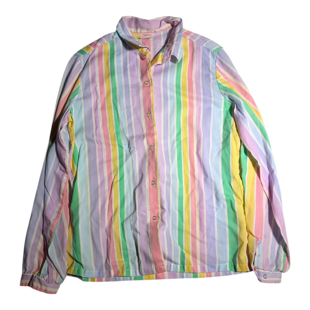 Vtg 1970s JC Penney Pastel Rainbow Striped Button Up Collared Blouse Sz M